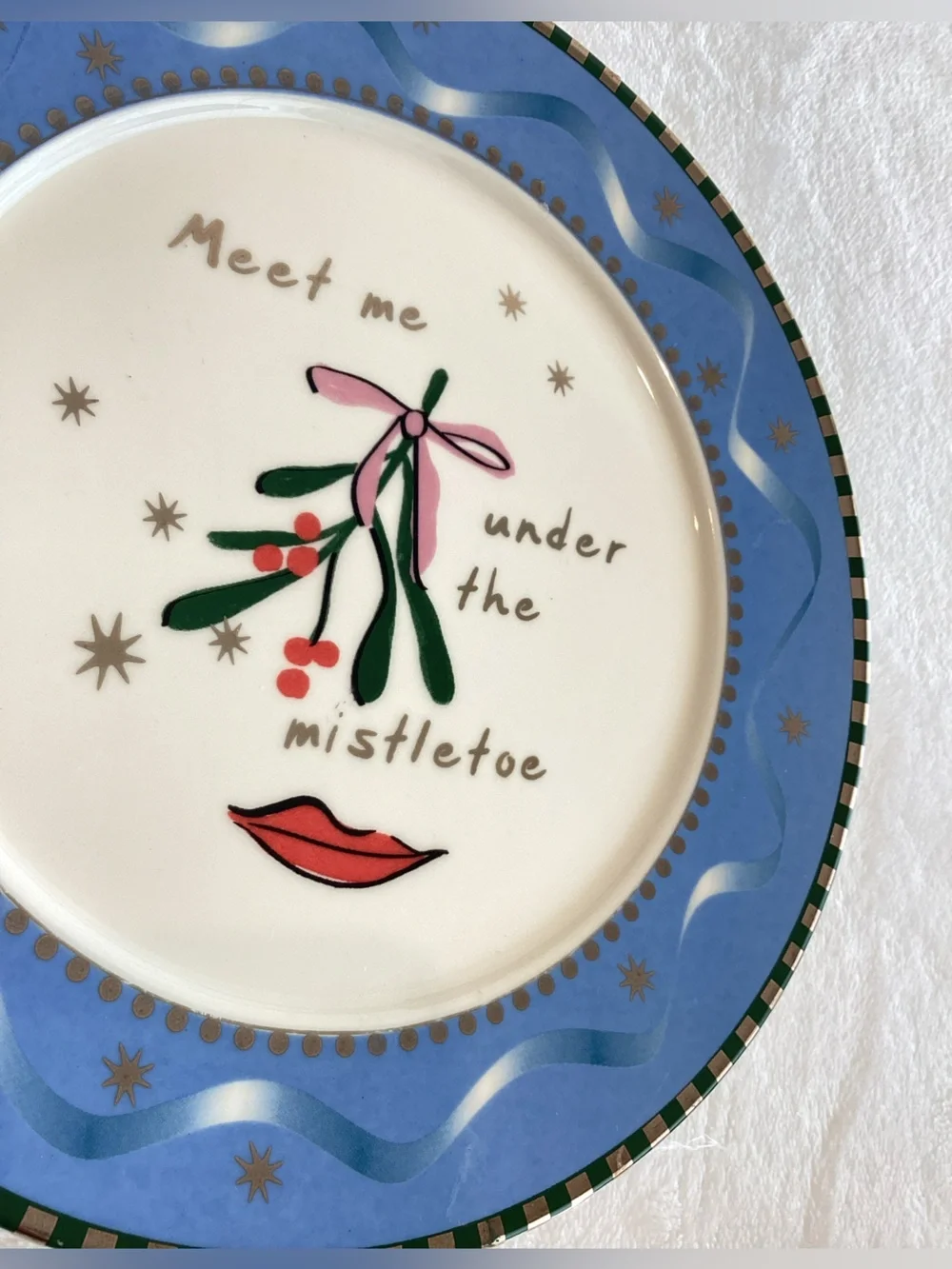 🌲Anthropologie Caroline Stoneware Plate New Meet Me Under The Mistletoe 8” Blue